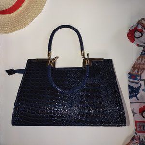 Navy Alligator Embossed Handbag